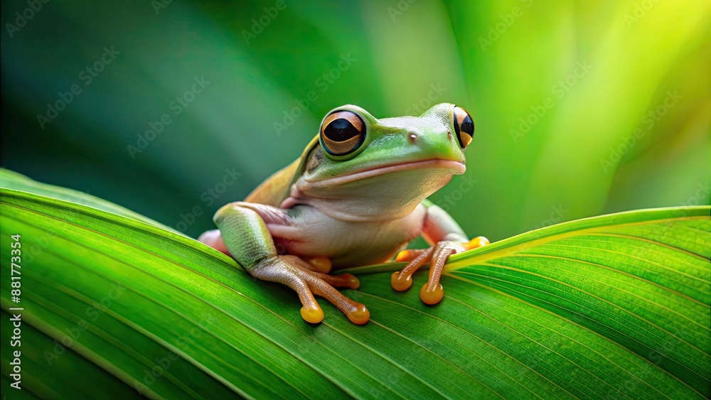 Wall mural Frog perched gracefully on a green leaf, frog, leaf, amphibian, nature, wildlife, green, sitting, peaceful, tranquility, close-up