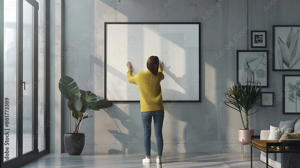 Wall mural rear view of a woman hanging a large poster frame on the wall in a modern apartment : generative ai