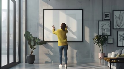 Rear view of a woman hanging a large poster frame on the wall in a modern apartment : Generative AI