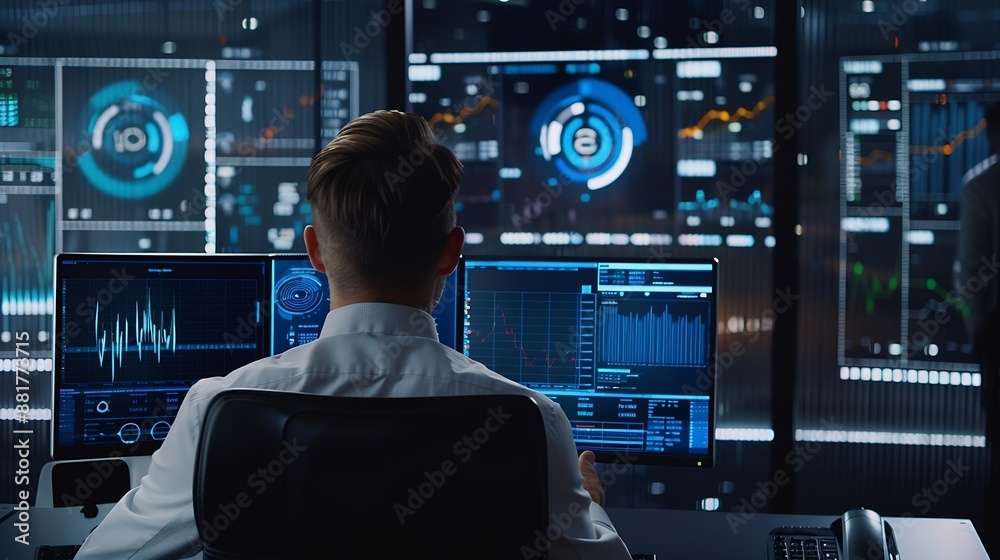 Aufkleber Businessman analysis enterprise data management by AI artificial intelligence technology Business analytics dashboard charts metrics KPI to improve insight report for operation Analyst : Generative AI