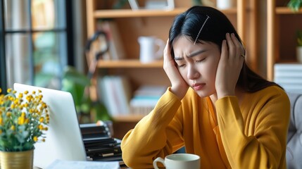 Fototapeta premium Graphic designer freelance women massage nose to resting with headache and stressful after sketching logo brand and working to designing about graphic design with technology equipment : Generative AI