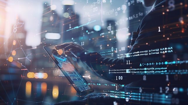 Business and technology software development IoT concept Double exposure man programmer software developer working on digital tablet and smart city with binary html computer code on sc : Generative AI