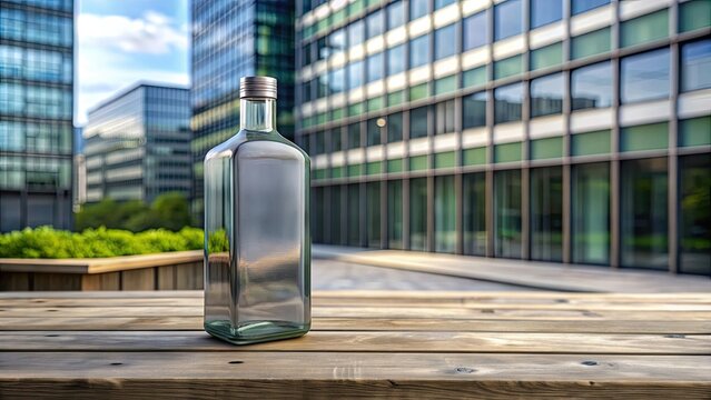 Grey rectangle glass bottle on table in front of building, glass, bottle, grey, rectangle, table, building, street