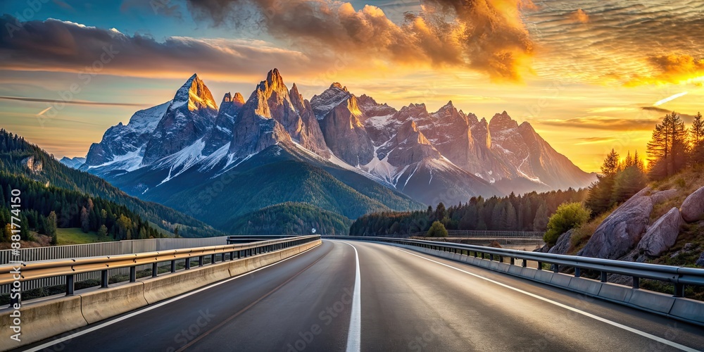 Wall mural Empty highway in Italian Alps with sunlit mountain peaks in the background at sunset, Highway, Italian Alps