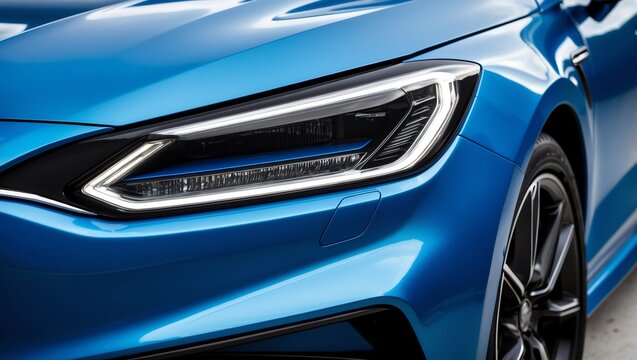 Close-up view of the front section of a modern, blue img