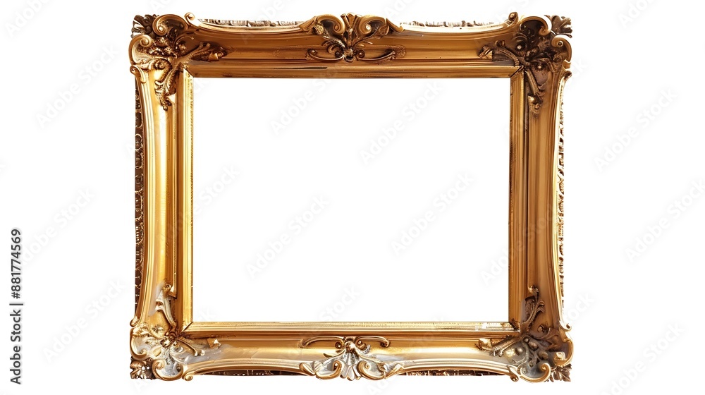 Poster antique gold brown classic old vintage wooden rectangle mockup canvas frame isolated on white backgr