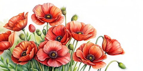 Detailed sketch of a bouquet of poppies, poppies, bouquet, sketch, detailed, floral, nature, art, botanical, red, bloom, petals