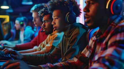 Obraz premium Multiethnic group of young friends playing videogames Team of professional esport gamers playing in competitive video games on a cyber Games Tournament : Generative AI