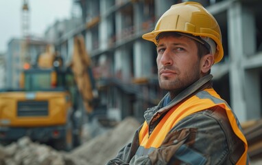 Fototapeta premium Construction Worker In Yellow Hard Hat At Construction Site