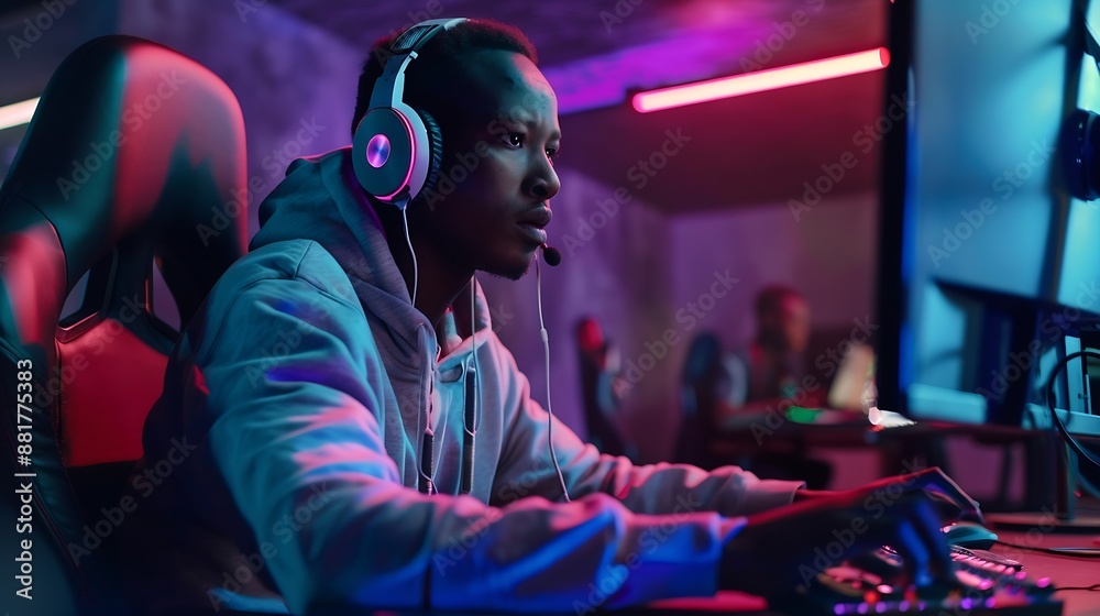 Aufkleber african american male cybersport gamer sitting in front of pc monitor in cyber club and playing a mu