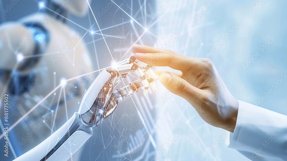 Fototapete AI Machine learning Hands of robot and human touching on big data network connection background Science and artificial intelligence technology innovation and futuristic : Generative AI