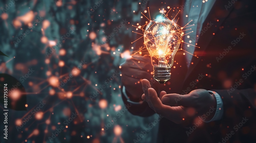 Poster AI Artificial Intelligence Technology concept Businessman holding a glowing lightbulb with AI symbol representing artificial intelligence technology innovation and future digital advan : Generative AI