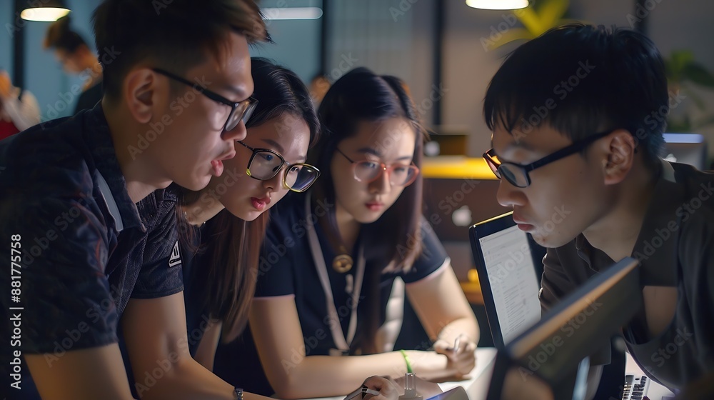 Poster Group of asian creative team programing designers participate in all phases of the UX design : Generative AI