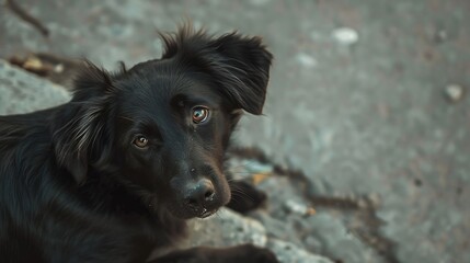 Fototapeta premium dog black stray dog on the street abandoned domestic animals or pets portrait domestic animals at street : Generative AI