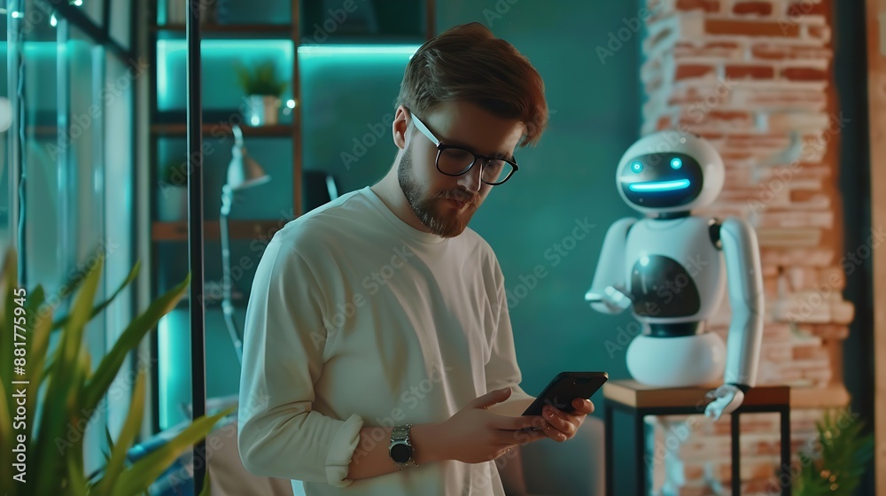 Poster AI Artificial IntelligenceDigital chatbot Man chatting with digital assistant chatbot on mobilephone on internet applicationFuture of customer service man utilizes AI chatbot for insta : Generative AI