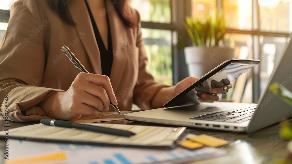 Leinwandbilder Business woman and hands with tablet or writing in office for web design technology and planning at desk Digital person and designer with laptop for photoshop creative and editing at w : Generative AI