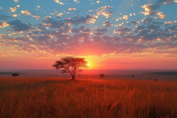 Fototapeta premium A stunning sunset over the Serengeti with silhouettes of acacia trees, roaming wildlife, and a vast, open sky. 