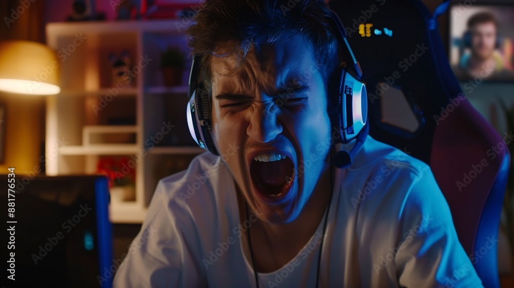 Poster man cursing opponents during online matchup while doing livestream for his internet channel watched 