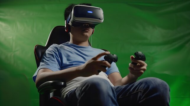 Person rests on chair over greenscreen backdrop and performs video games using virtual reality eyewear and mobile device takes part in online multiplayer contest Asian guy loving comba : Generative AI