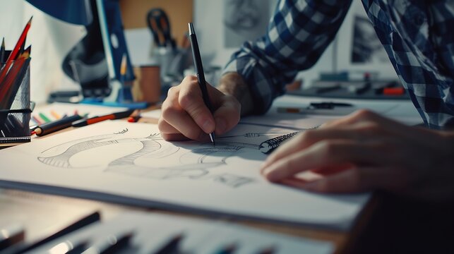Graphic designer drawing sketches logo design The concept of a new brand Professional creative occupation with idea : Generative AI