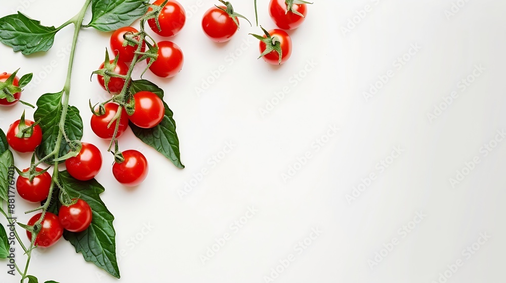 Poster stem with ripe cherry tomatoes and leaves isolated on white : generative ai