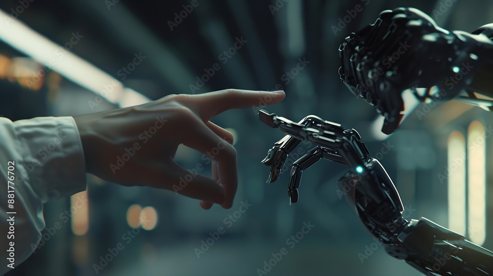 Fototapete Concept of Artificial intelligence AI robot human idea development think futuristic technology transformation science robotic hand connection with human hand and robot technology devel : Generative AI