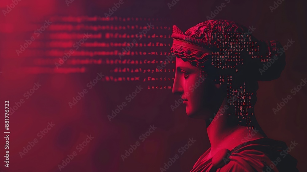 Aufkleber Coding computational process Image of red ancient greek statue with binary code on dark purple background Concept of IT technologies programming transmission of information : Generative AI