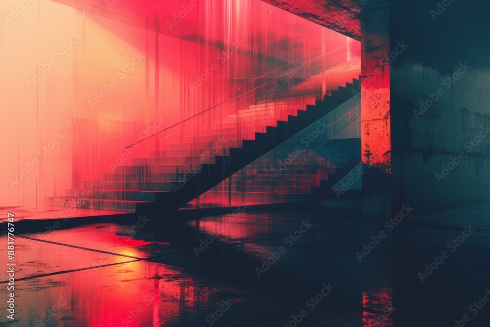 Poster Red Neon Glow on Concrete Staircase