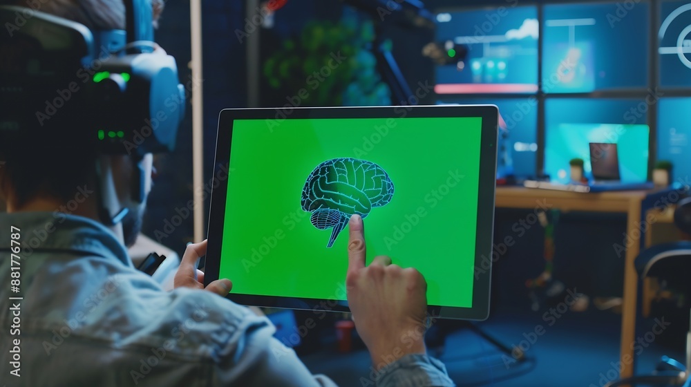 Poster Developer using green screen tablet updating artificial intelligence machine learning algorithm writing binary code scripts IT expert programming on mockup device to upgrade AI brain c : Generative AI