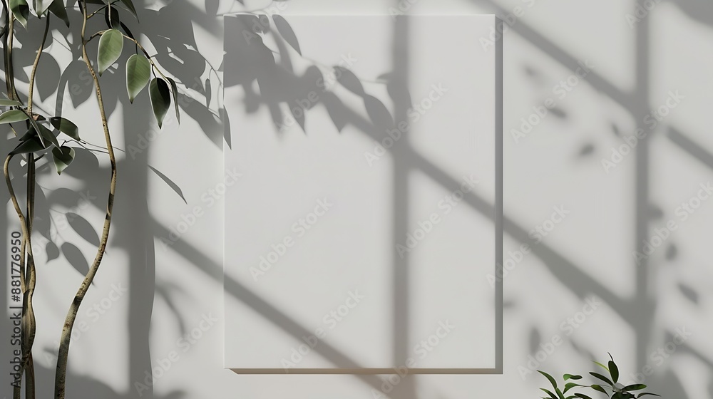 Poster white canvas hanging on wall with shadows of leaves poster mockup blank cotton canvas : generative a