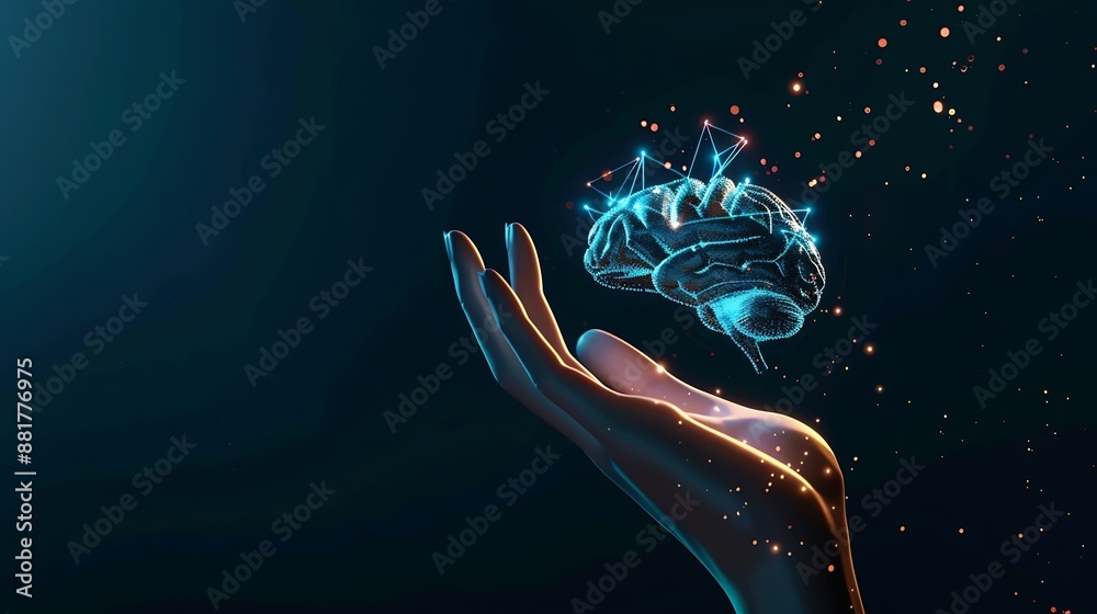 Aufkleber Hand with virtual AI technology analyzing processing for brain digital system development or big data knowledge innovation or future digital transformation and strategy business manage : Generative AI