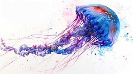 A vibrant illustration of a jellyfish surrounded by colorful watercolor splashes