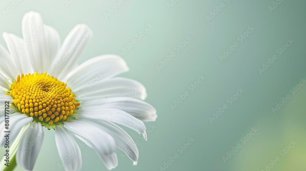 Poster Macro shot of a white and yellow daisy showcasing intricate detail against a soft green backdrop : Generative AI