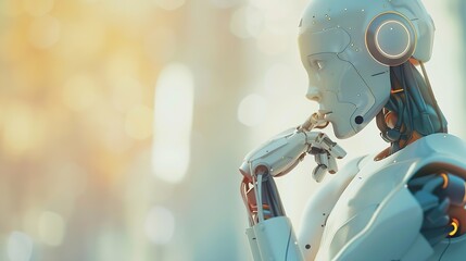 Artificial intelligence AI think about prompt command Artificial intelligence AI service concept represented by humanoid figure in a thoughtful gesture is waiting for prompt assignment : Generative AI