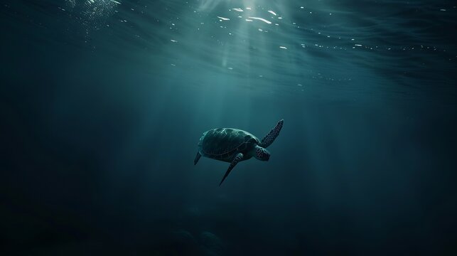 Green sea turtle ascended to the surface to breathe starting from very deep sea bottom murky dark blue water Picture taken during Scuba dive in tropical water : Generative AI