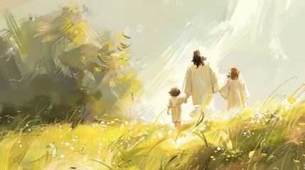 Biblical Illustration of Jesus Walking Through an Ancient Temple Historical Reverence and Spiritual Presence Beige Background copyspace