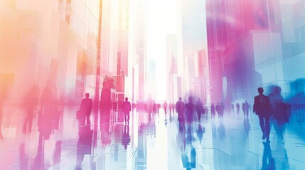 Obraz premium Cityscape With Business People Silhouette Walking. Big City, Urban Abstract Watercolor Illustration