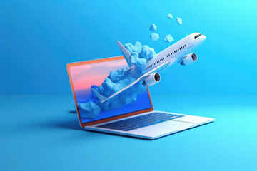 3D rendering of a plane flying out from a laptop screen on a blue background