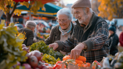 Elderly couple selecting fresh vegetables at autumn farmer's market