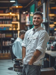 Fototapeta premium young man barber working in barber shop smiles lightly, looking at camera.