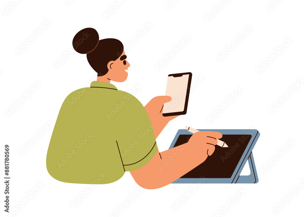 Poster digital artist drawing with stylus on tablet computer, holding mobile phone. creative multitasking d