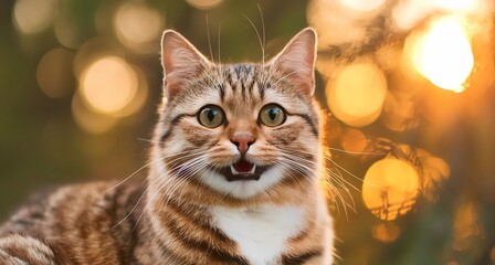 Portrait of a happy cat on a blurred background, beautiful lighting.