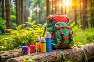 Fototapeta premium A colorful backpack and various kid-sized essentials, including insect repellent, sit on a wooden log, surrounded by lush greenery, preparing for a safe outdoor adventure.