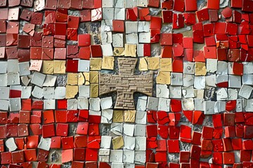 A vibrant mosaic artwork featuring a central cross design made up of colorful and textured tiles in red, white, and yellow