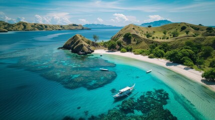 Fototapeta premium Photo of Landscape from Top View. Aerial View of Mountain Ranges of Komodo Island Indonesia