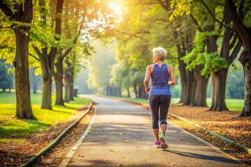 Fototapeta premium A scenic park landscape with a vacant marathon route, emphasizing a healthy lifestyle, featuring a subtle senior female presence through abandoned running gear.