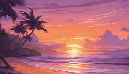 A tranquil anime beach at sunset, bathed in golden light and orange-purple hues, evokes serene peace 2. Generative AI