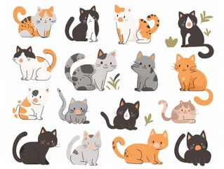 Cute doodle set of various cartoon cats in different poses. Illustration.