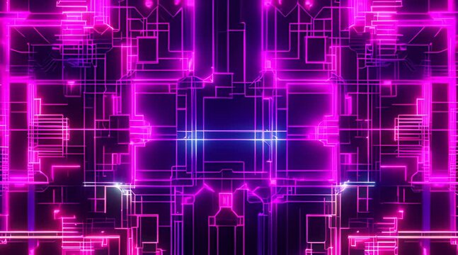 A vibrant abstract representation of a circuit grid, with neon pink lines and geometric patterns, creating a futuristic and energetic visual