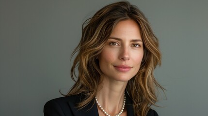 Photo of a confident 32-year-old woman with shoulder-length brunette hair and a pearl necklace wearing a tailored blazer